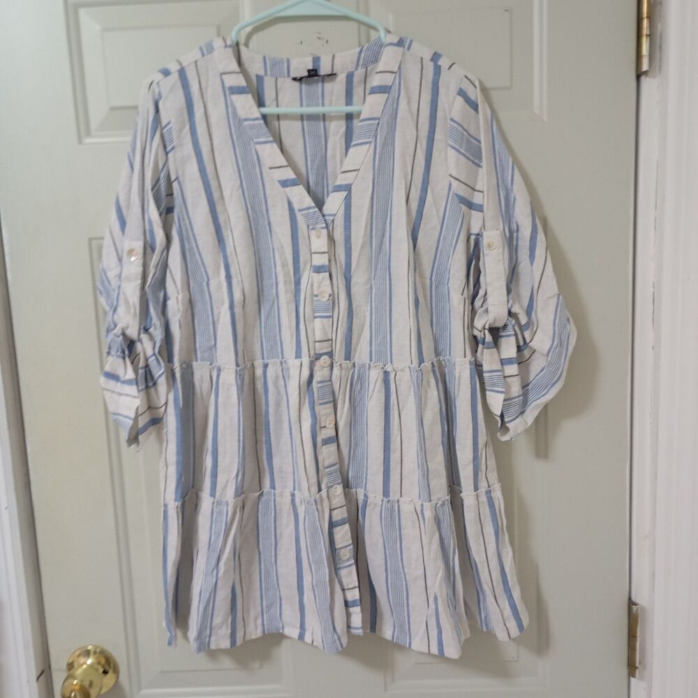 Club Z Collection White Blue Striped Button-up Tunic Coastal Plus 1X Oversize